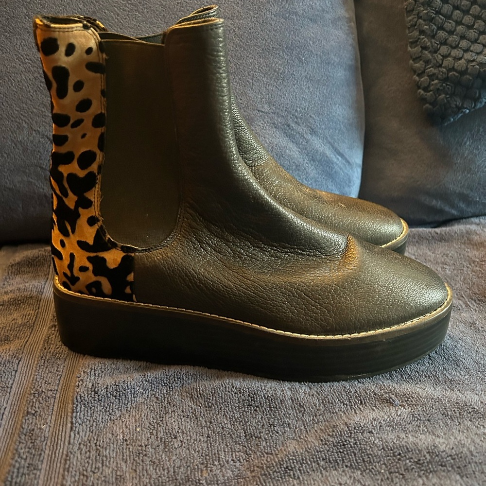 Never worn Kelsi Dagger black leather and leopard ankle boots.